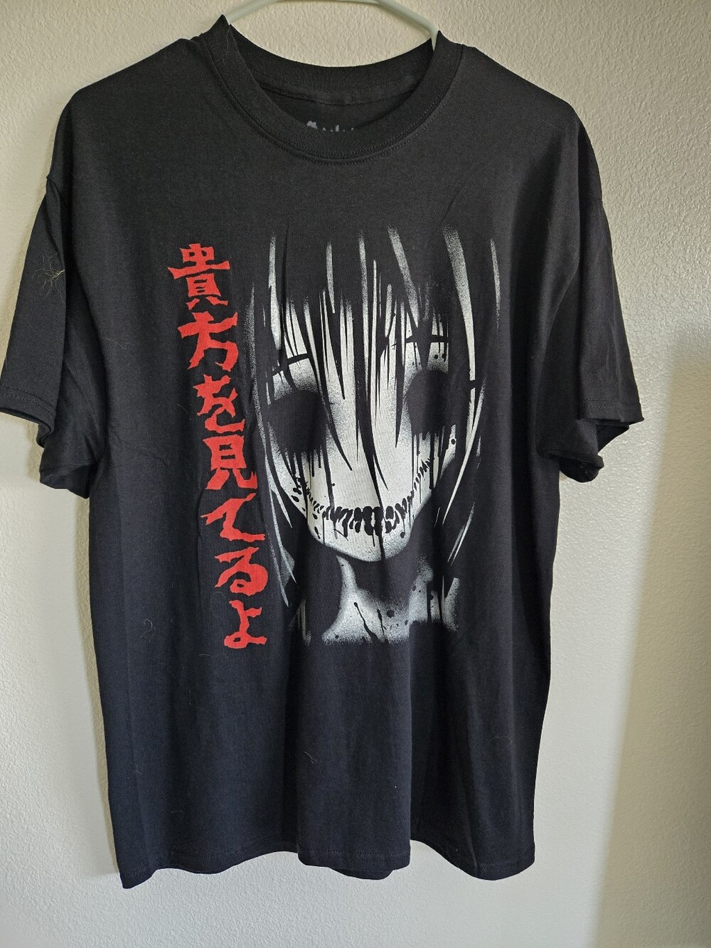 Spencer's Black Tee with White & Red Anime Horror Face Graphic